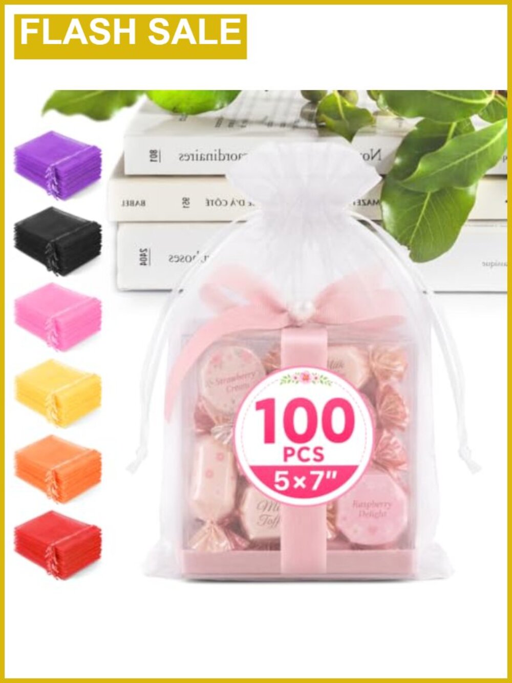 100 White Organza Gift Bags with Drawstring - Bulk Mesh Treat Bags
